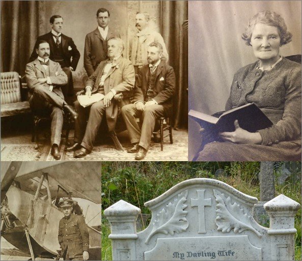 Top-left to bottom-right, clockwise: Charles Simmons and family, Eliza Phippard, the Greenfield family headstone, John Emil Morgan.